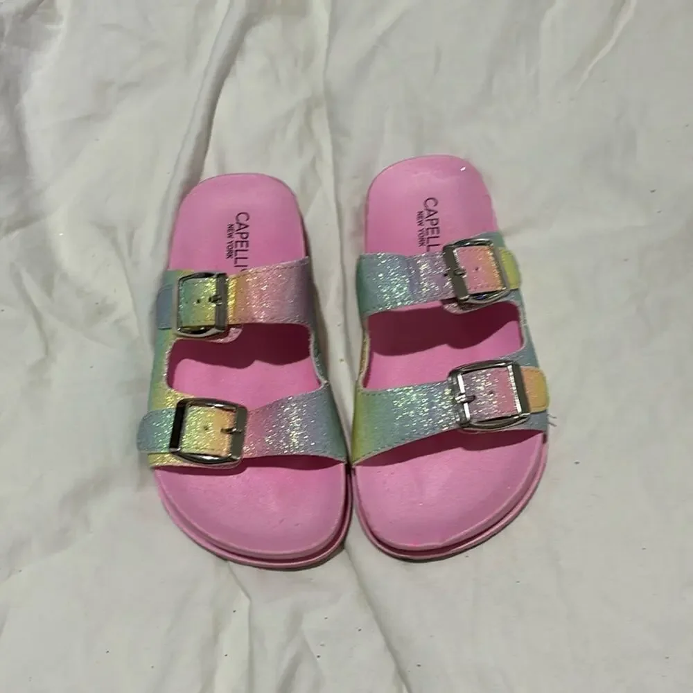 Capelli of New York 12/13!rainbow glitter pink birkenstock like slides euc
